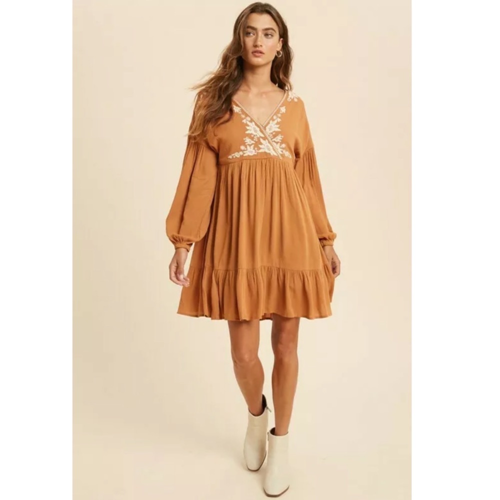 Earthen Embroidered Floral Ruffle Wrap Mini Dress - Picture 7 of 9